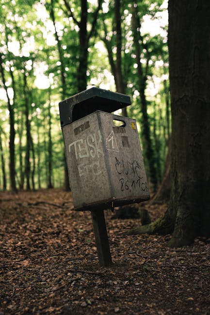 A green outdoor waste bin with a semi-transparent, slightly domed lid, filled with mixed rubbish including paper and plastic waste, situated on a grassy area near a dirt path. The bin has a blue plast